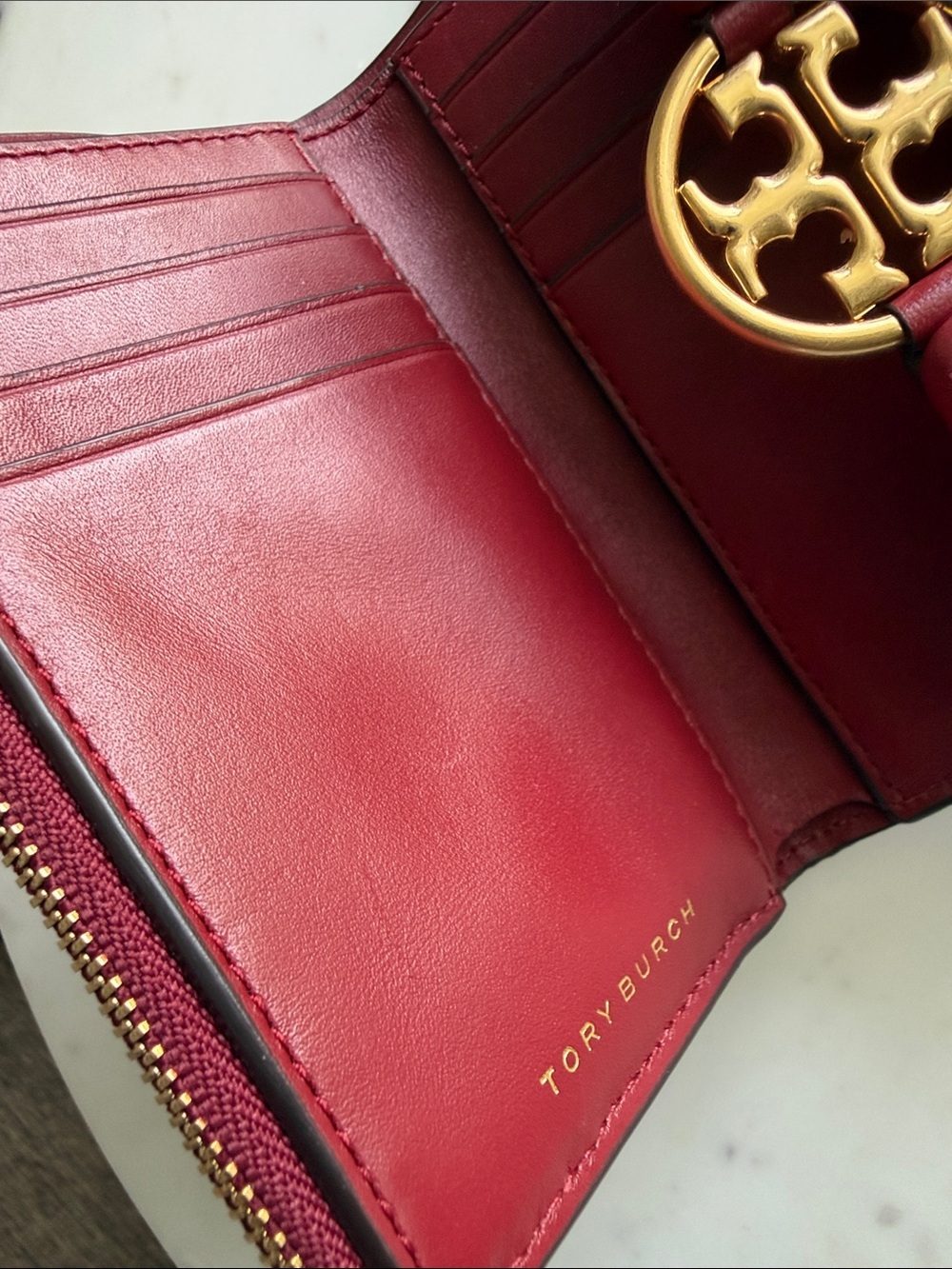 Tory Burch Woven Checker Compact Wallet - Red, Teal & Black - Picture 3 of 12